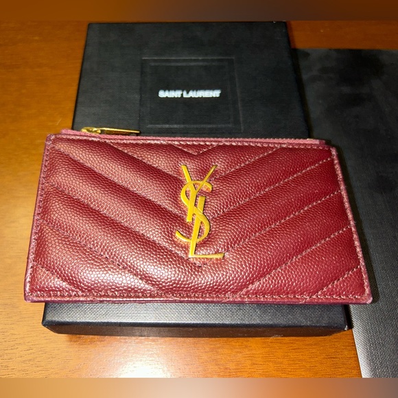 Saint Laurent YSL Cassandre Matelassé Zipped Card Case Burgundy Leather Wallet - Picture 5 of 14